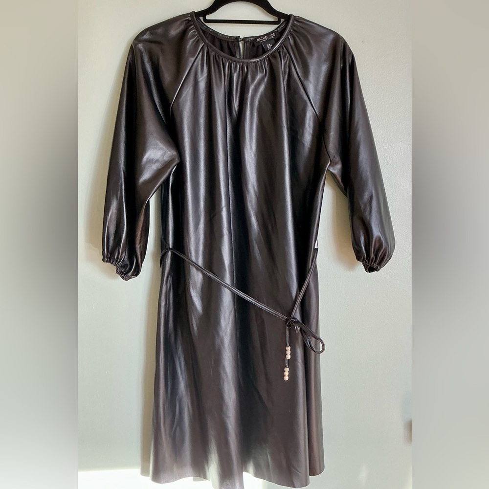 RACHEL ZOE Belted Faux Leather Dress Black M 3/4 Sleeve Mini Chic Whimsigoth
